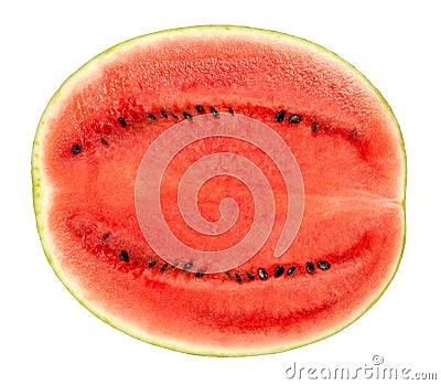 Sweet watermelon half, cross section, front view, over white Stock Photo