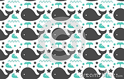 Sweet whales sea, ocean decorative seamless pattern. isolated on white background. Vector Illustration