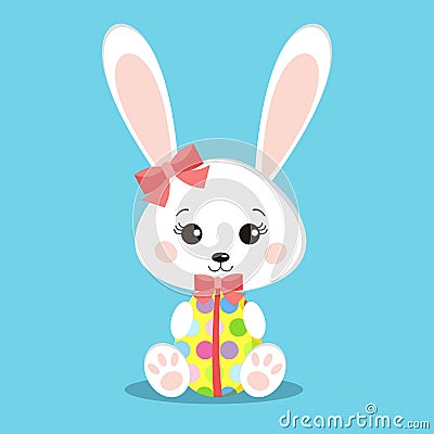 Sweet white easter rabbits girl holding gift egg Vector Illustration