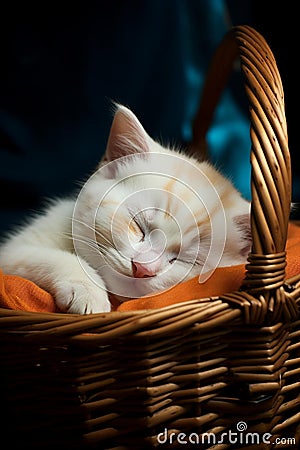 Sweet white kitten resting comfortably in a wicker basket, AI-generated. Stock Photo