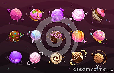 Sweet world concept. Food planets on space background. Vector Illustration