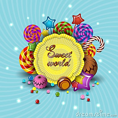 Sweet World, vector cartoon logo children`s treats lollipops, candy. Isolate illustration for kids party colorful design mockup Vector Illustration