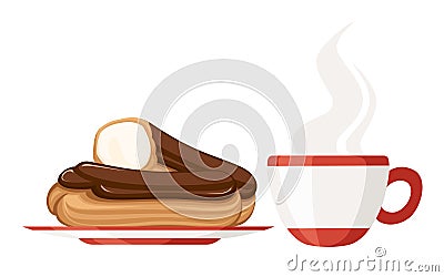 Sweet and yummy cream eclair dessert with tea cup. Choux pastry filled with cream. Flat illustration isolated on white Cartoon Illustration