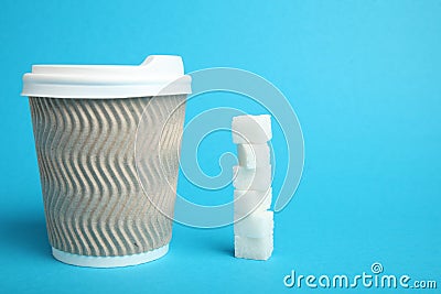 Sweeten coffee, pouring. Sugar drink in takeaway cup Stock Photo