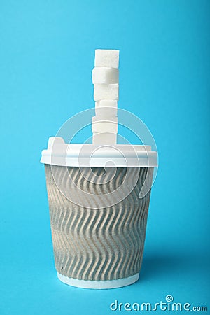 Sweeten coffee, pouring. Sugar drink in takeaway cup Stock Photo