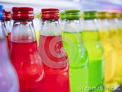 Sweetener Beverage bottles Colourful drinks on supermarket shelf Stock Photo