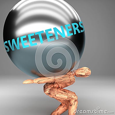 Sweeteners as a burden and weight on shoulders - symbolized by word Sweeteners on a steel ball to show negative aspect of Cartoon Illustration