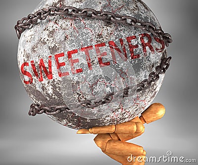 Sweeteners and hardship in life - pictured by word Sweeteners as a heavy weight on shoulders to symbolize Sweeteners as a burden, Cartoon Illustration