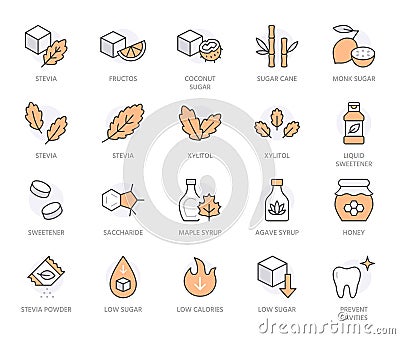 Sweeteners line icon set. Xylitol, cane sugar, fructose, maple syrup, stevia, agave, honey minimal vector illustration Vector Illustration