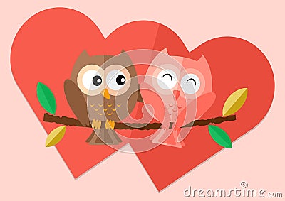 Sweetheart owls with love on tree Vector Illustration