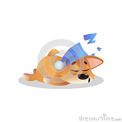 Sweetly sleeping corgi in cute blue hat with pompom. Cartoon puppy character. Human s best friend. Domestic animal. Flat Vector Illustration