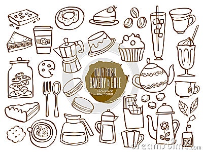 Sweets bakery cafe coffee drinks doodles Vector Illustration