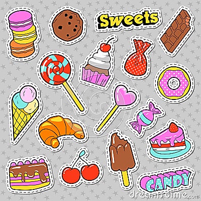 Sweets and Bakery Doodle. Candies, Ice Cream and Macaroon badges, patches and stickers Vector Illustration