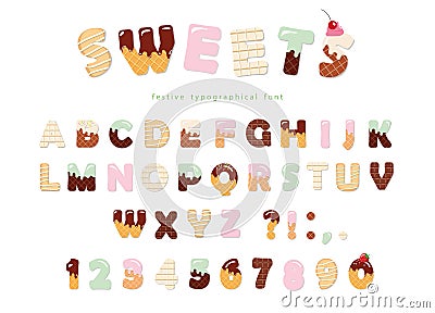 Sweets bakery font design. Funny latin alphabet letters and numbers made of ice cream, chocolate, cookies, candies. For Vector Illustration