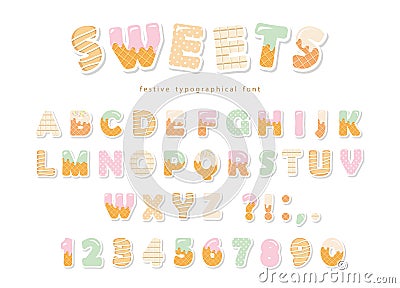 Sweets bakery font design. Funny latin paper cutout alphabet letters and numbers made of ice cream, chocolate, cookies Vector Illustration