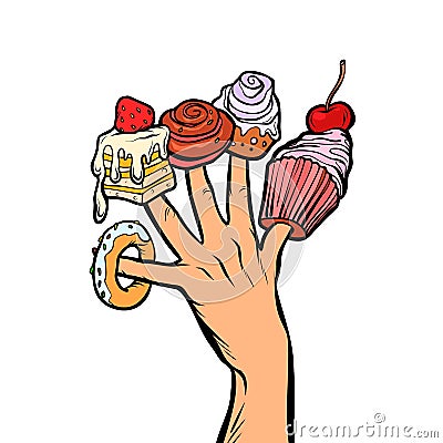 Sweets cake cupcake donut marshmallow on fingers Vector Illustration