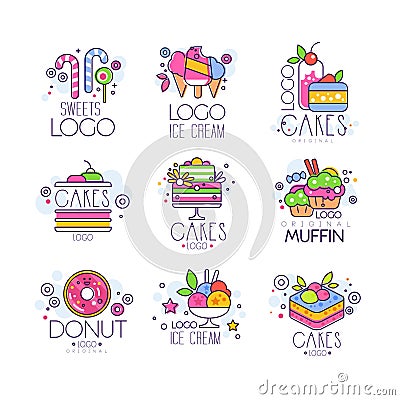 Sweets, cakes, ice cream logos set, confectionery and bakery products vector Illustrations Vector Illustration