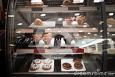 Sweets and muffins in showcase. Pastry shop. Croissants, muffins and doughnuts with fruits, berries and chokolate. Restaurant Editorial Stock Photo