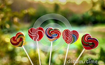 Sweets candies heart shape color full on blurred background, Set candy of color rainbow lollipops, Gift for Valentine day Stock Photo