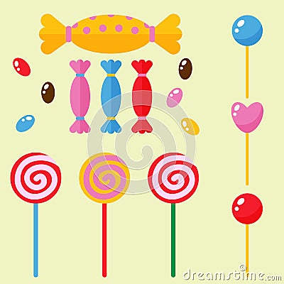 Sweets and candies sugar dessert caramel lollipop food icons set striped stick spiral holiday bonbon vector illustration Vector Illustration