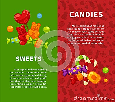 Sweets and candies vertical posters with confectionery products Vector Illustration