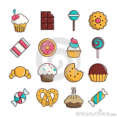 Sweets candy cakes icons set, cartoon style Vector Illustration