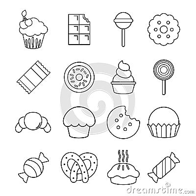 Sweets candy cakes icons set, outline style Vector Illustration