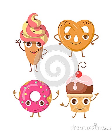 Sweets. Collection of Four Various Confectioneries Vector Illustration