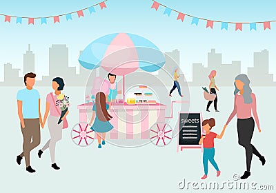 Sweets and cotton candy food cart flat illustration. Street market trolley. Outdoor confectionery, bakery. People walk summer fair Vector Illustration