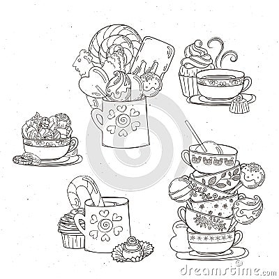 Sweets in cups with different candies and cookies. Vector Illustration