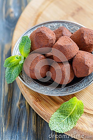 Sweets from dark chocolate to cocoa powder. Stock Photo