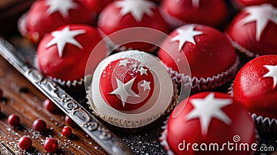sweets decorated in honor of Turkey's National Day, Turkish flag, homemade cupcakes close-up, treats for Stock Photo