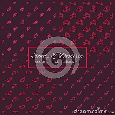 Sweets and desserts hand drawn seamless patterns set Vector Illustration