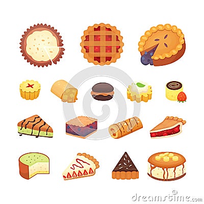 Sweets desserts objects collection, strawberry cakes, fruit and berry sweet pies with cream. Homemade bakery cake Vector Illustration