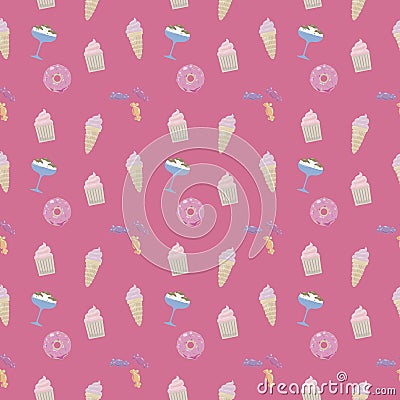 Sweets donut ice cream cupcake candy glossy colorful cute on a saturated bright pink background seamless vector pattern. Vector Illustration