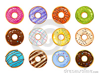 Sweets donuts sugar glazed. Vector fries pastry doughnut icons with holes isolated on white background Cartoon Illustration