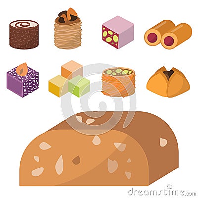 Sweets east delicious dessert food confectionery homemade assortment chocolate cake tasty bakery sweetness delights Cartoon Illustration