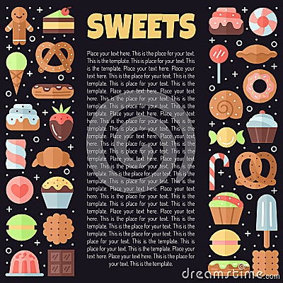 Sweets flat multicolored background with place for your text. Minimalistic design (part two). Vector Illustration