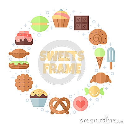 Sweets flat multicolored circle frame. Moinimalistic design (part one). Vector Illustration