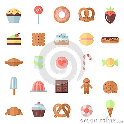 Sweets flat multicolored icons vector set. Minimalistic design. Vector Illustration