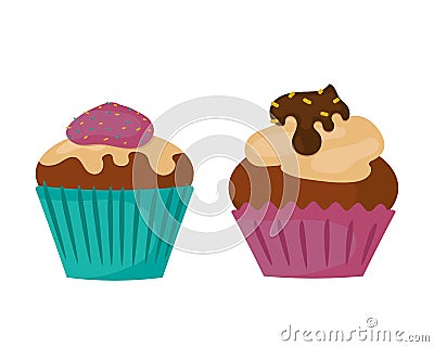 Sweets food bakery dessert sugar confectionery teal birthday cupcake with butter cream icing design and snack chocolate Vector Illustration