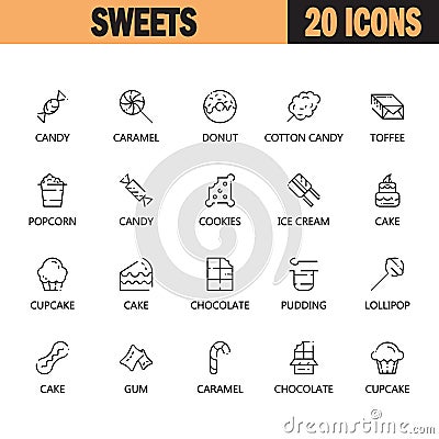 Sweets food flat icon set for web design. Vector Illustration