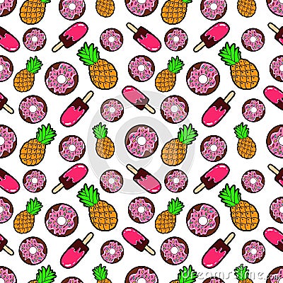 Sweets Food Seamless Pattern with Donuts, Ice Cream and Pineapples Vector Illustration