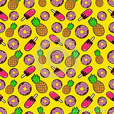 Sweets Food Seamless Pattern with Donuts, Ice Cream and Pineapples Vector Illustration