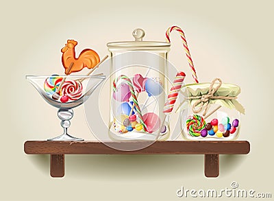 Sweets in glass jars on wooden shelf Vector Illustration