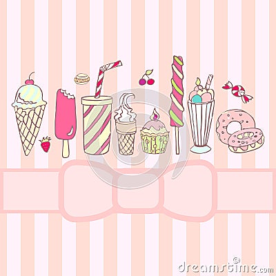 Sweets, ice cream, cakes, hand-drawn. Vector background. Cartoon Illustration