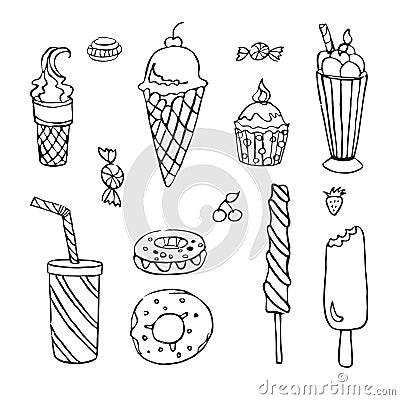 Sweets, ice cream, cakes, hand-drawn. Vector seamless background. Wallpaper. Vector Illustration