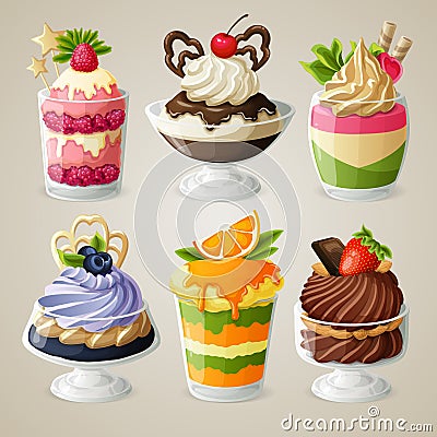 Sweets ice cream mousse dessert set Vector Illustration