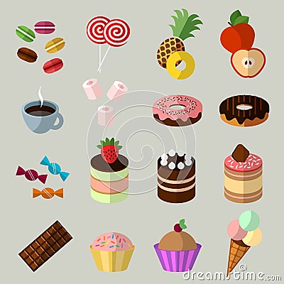 Sweets icons set in flat style Vector Illustration