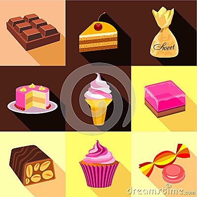 Sweets icons set, flat style Vector Illustration